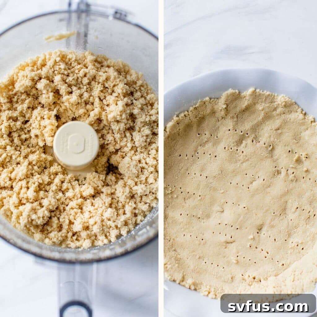 Process images showing pie crust dough in a food processor and then pressed into a pie pan.