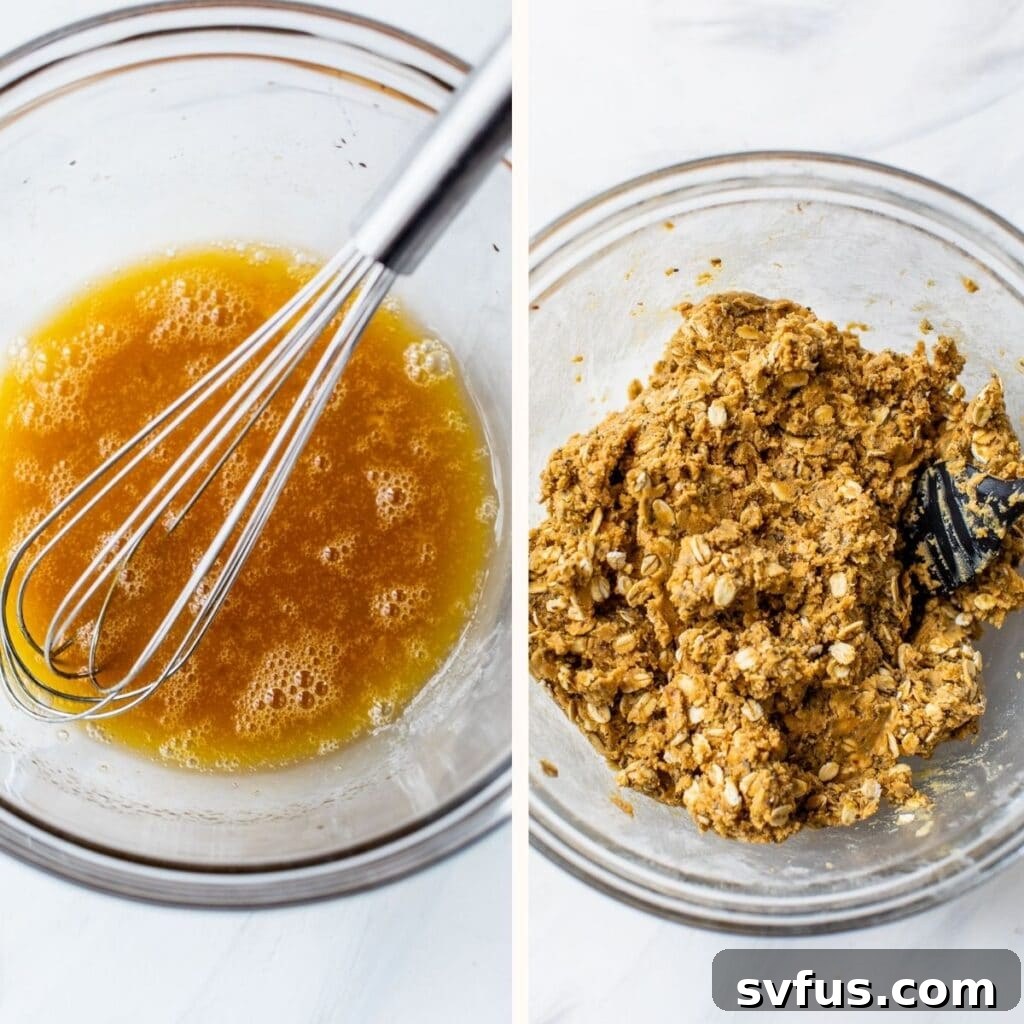 wet ingredients mixed in a bowl on the left and oats and cashew butter added in the bowl on the right