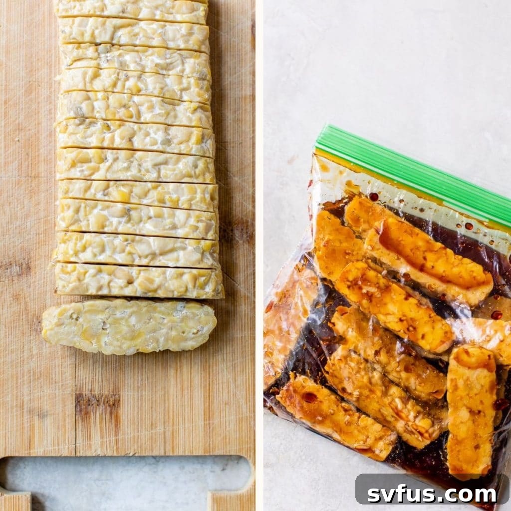 Slices of plain tempeh arranged on a cutting board, next to a bowl of tempeh marinating in a plastic bag.
