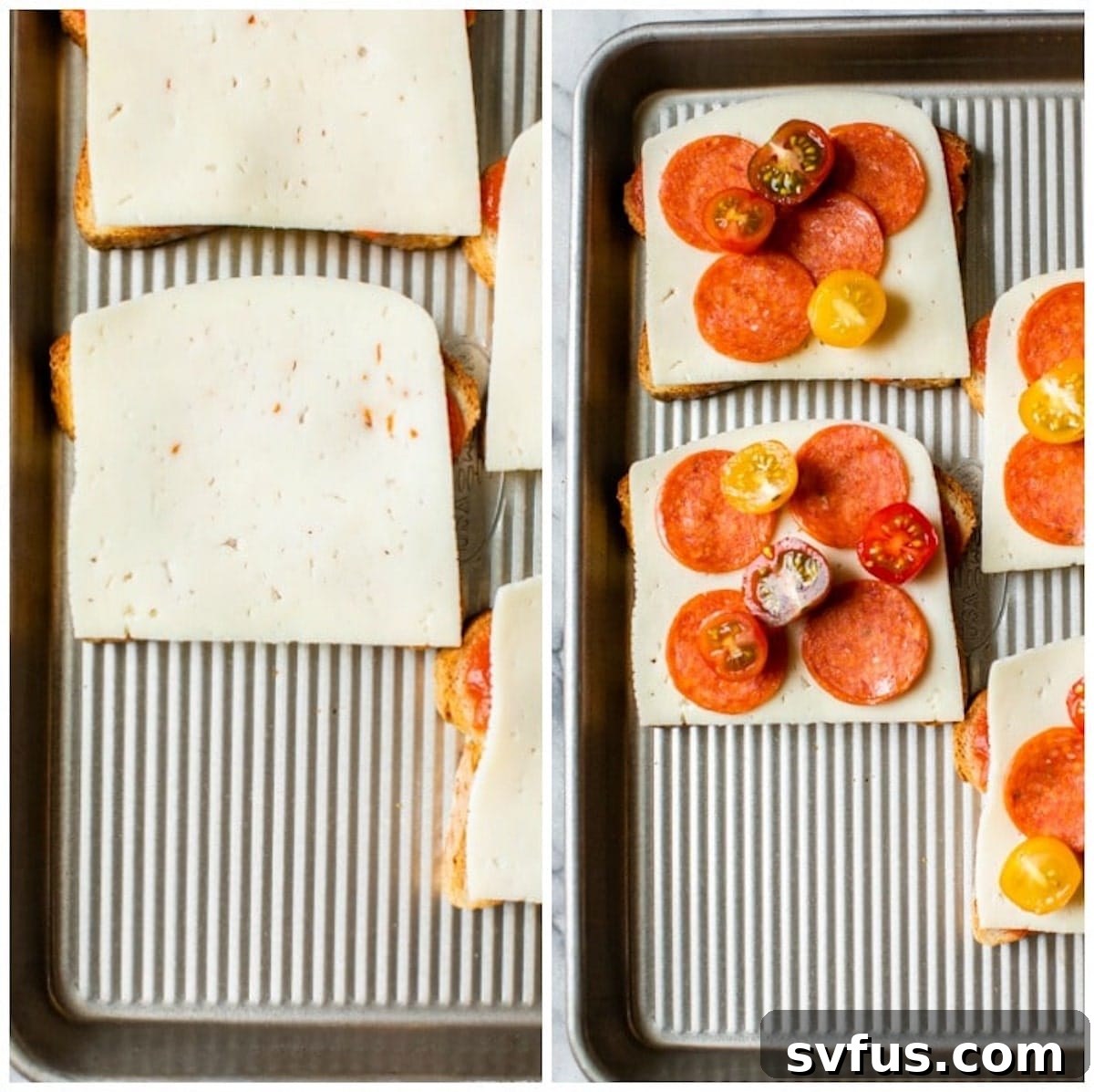Bread topped with cheese and pepperoni on a baking sheet, ready for broiling