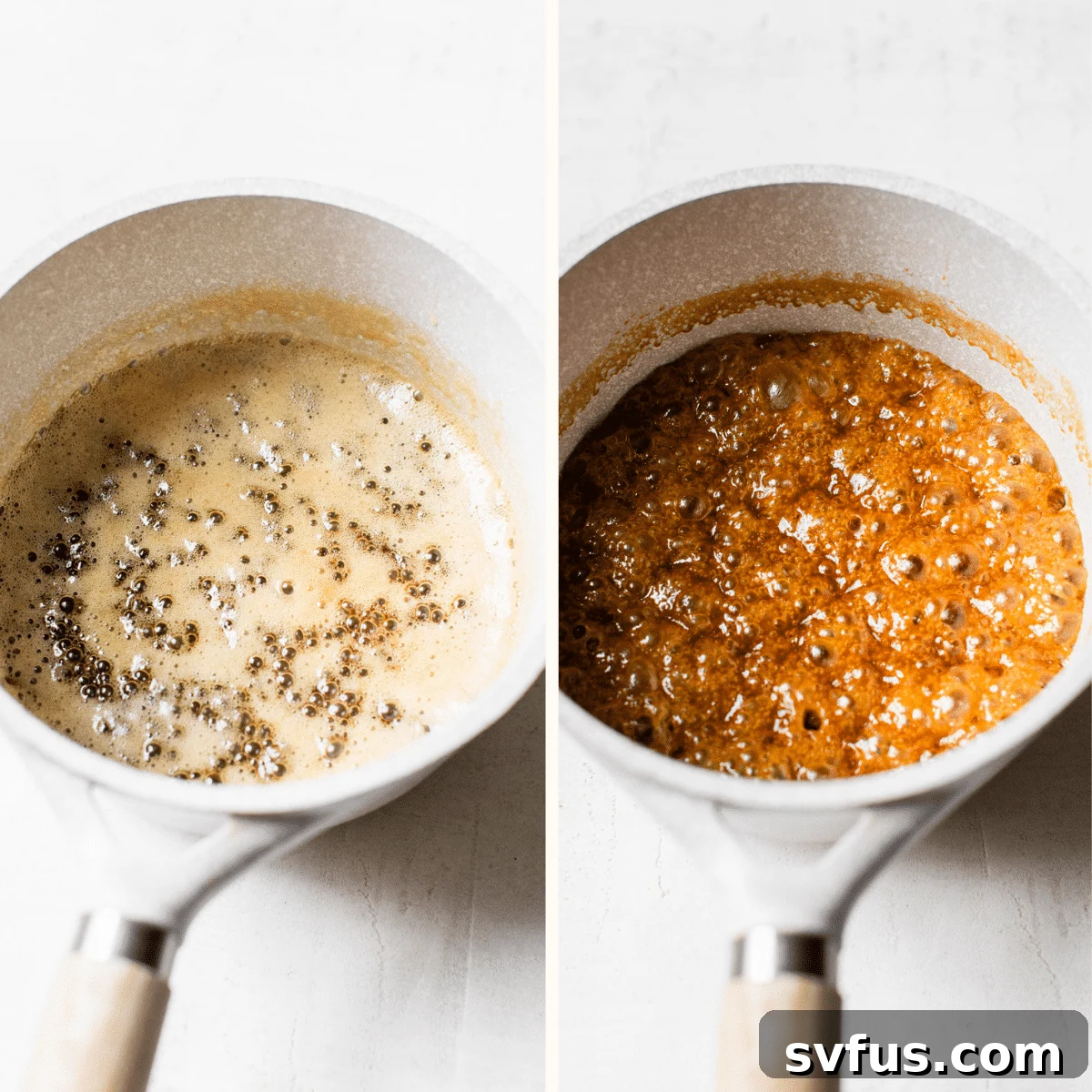 A close-up view of the caramel sauce gently simmering in a saucepan on the stove, showing its developing golden-brown color and smooth texture.