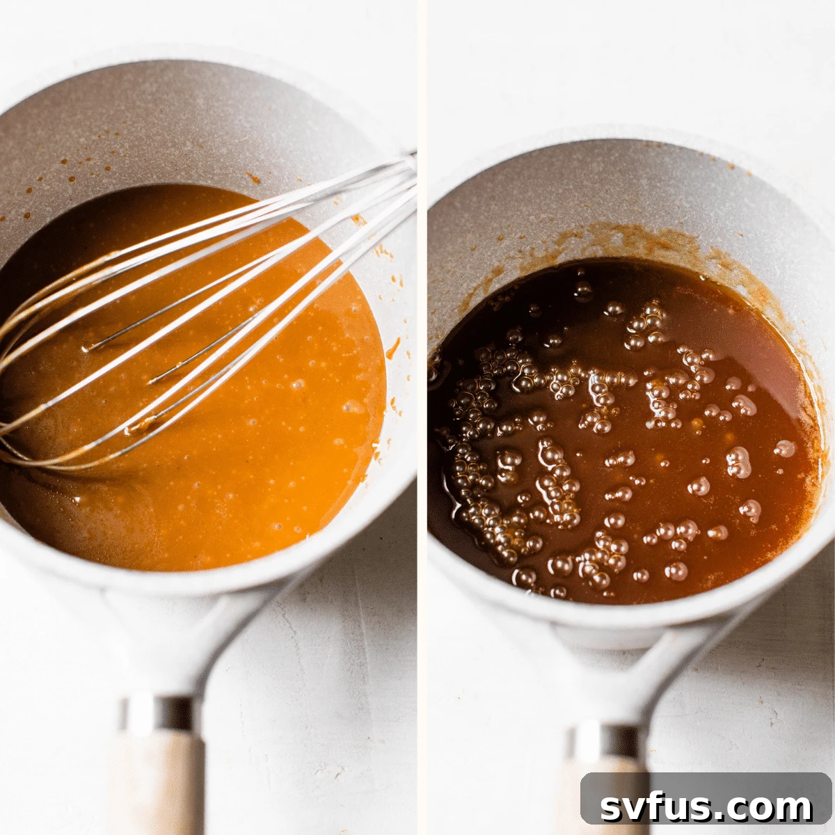 The healthier salted caramel sauce, beautifully thick and bubbling gently, being stirred in a saucepan on low heat, illustrating the final cooking stage.