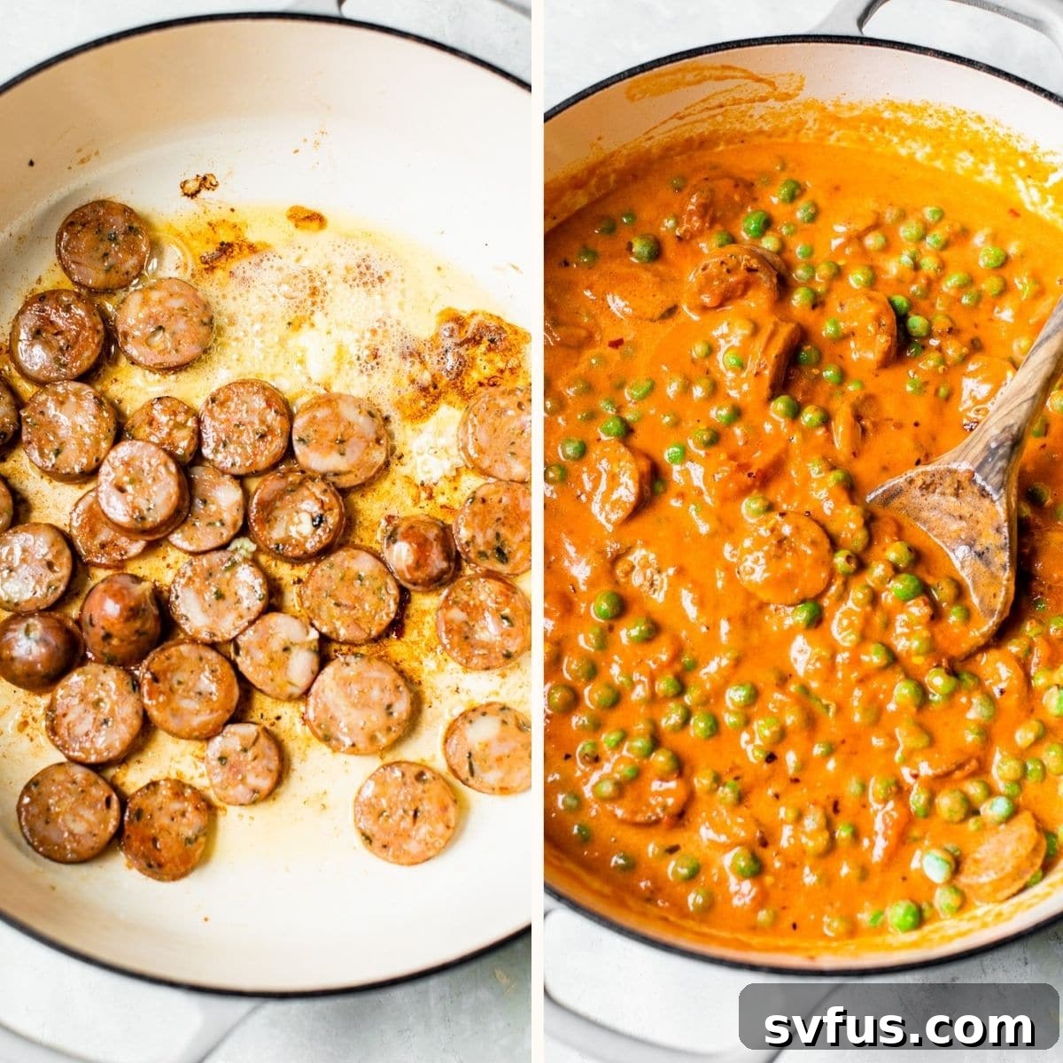Sliced chicken sausage sizzling in a large skillet with olive oil and butter, beginning to brown and release its aromatic flavors.