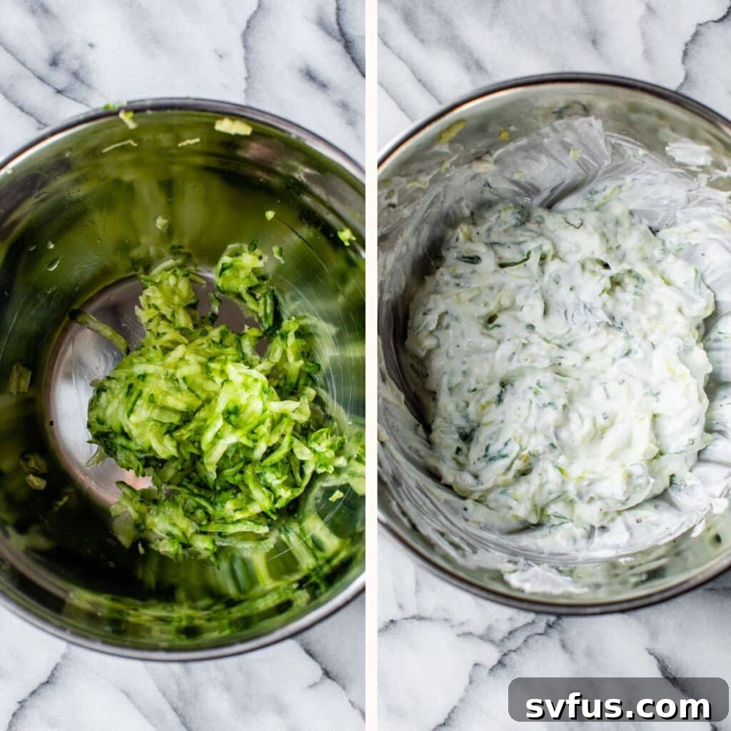Two bowls side-by-side: one with shredded cucumber, the other with creamy homemade tzatziki sauce.