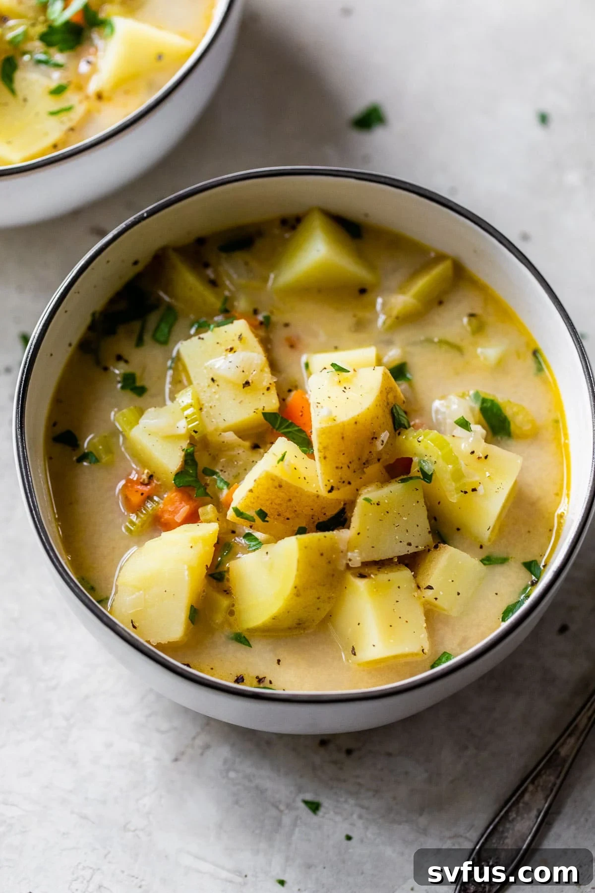 bowl of soup with diced potatoes and fresh chives