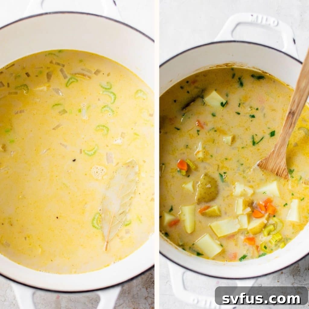 dutch oven with creamy potato soup in it