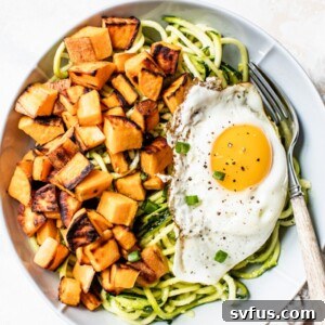 zucchini, sweet potato and a fried egg