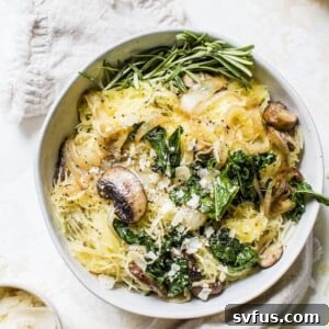 Caramelized Onion Spaghetti Squash: a healthy, vegetarian meal filled with onions, mushrooms, and kale.