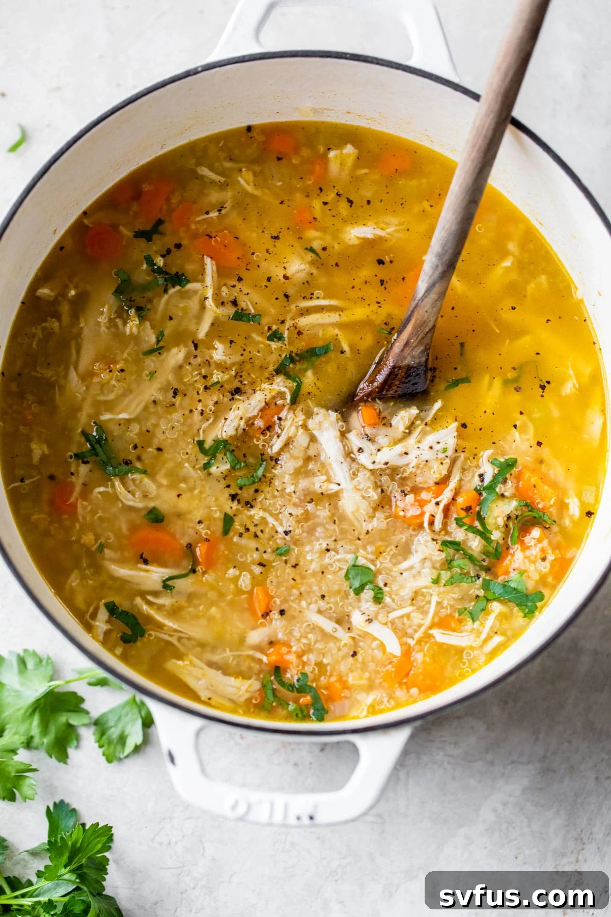 Chicken Quinoa Soup simmering in a large white Dutch oven.