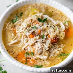 A bowl of chicken quinoa soup