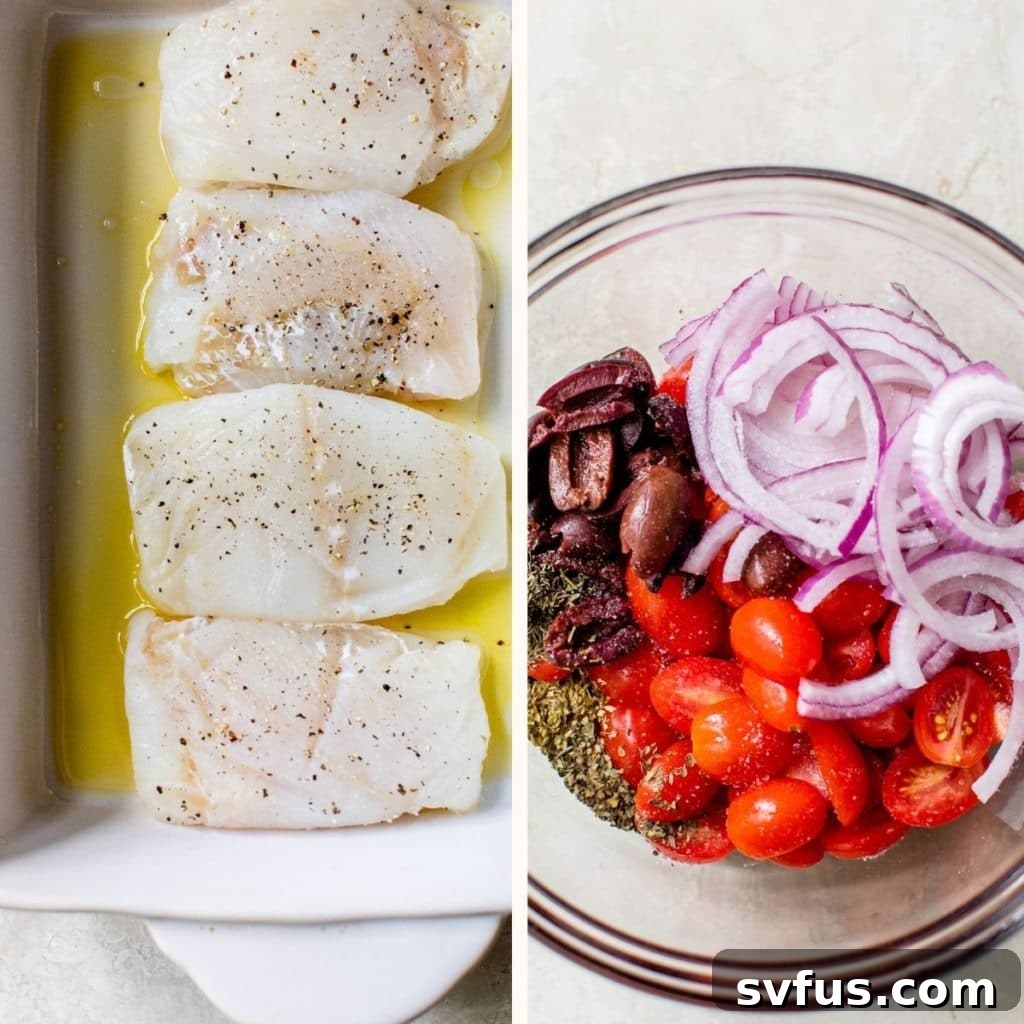 Raw cod fillets in a baking dish, drizzled with olive oil and lemon juice.