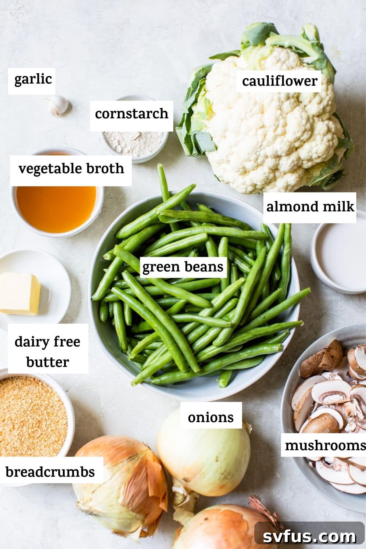 Ingredients laid out on a counter to make green bean casserole.