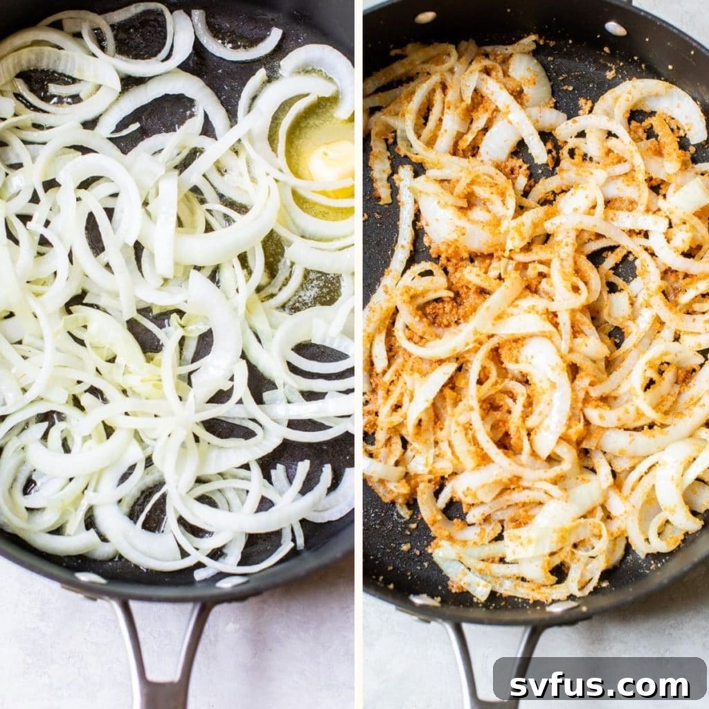 Onions and breadcrumbs sizzling in a skillet with melted vegan butter.