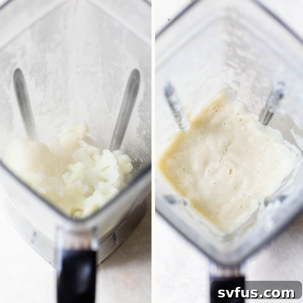 On the left, cooked cauliflower in a blender. On the right, creamy cauliflower sauce after blending.