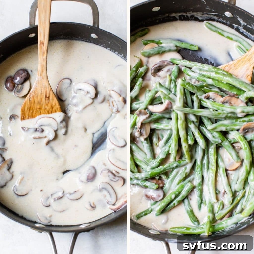 Green beans in a skillet, mixed with mushrooms and a creamy sauce.