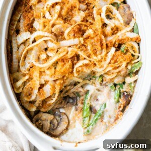 Green bean casserole in an oval dish