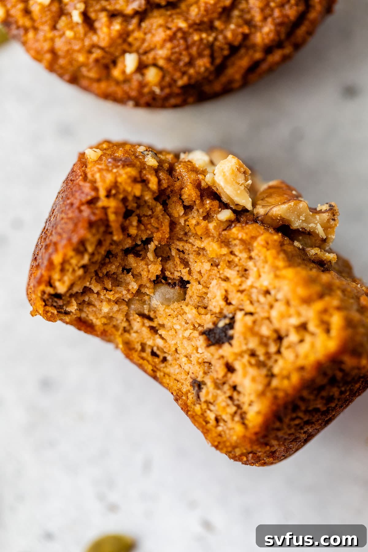 A perfectly baked Paleo Pumpkin Muffin with a single bite taken, revealing its moist, tender interior filled with walnuts.