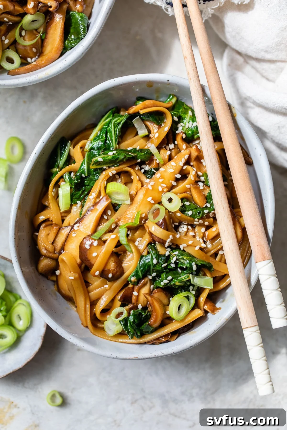 A vibrant bowl of Teriyaki Noodles brimming with tender shiitake mushrooms, crisp bok choy, and fresh scallions, ready to be enjoyed.