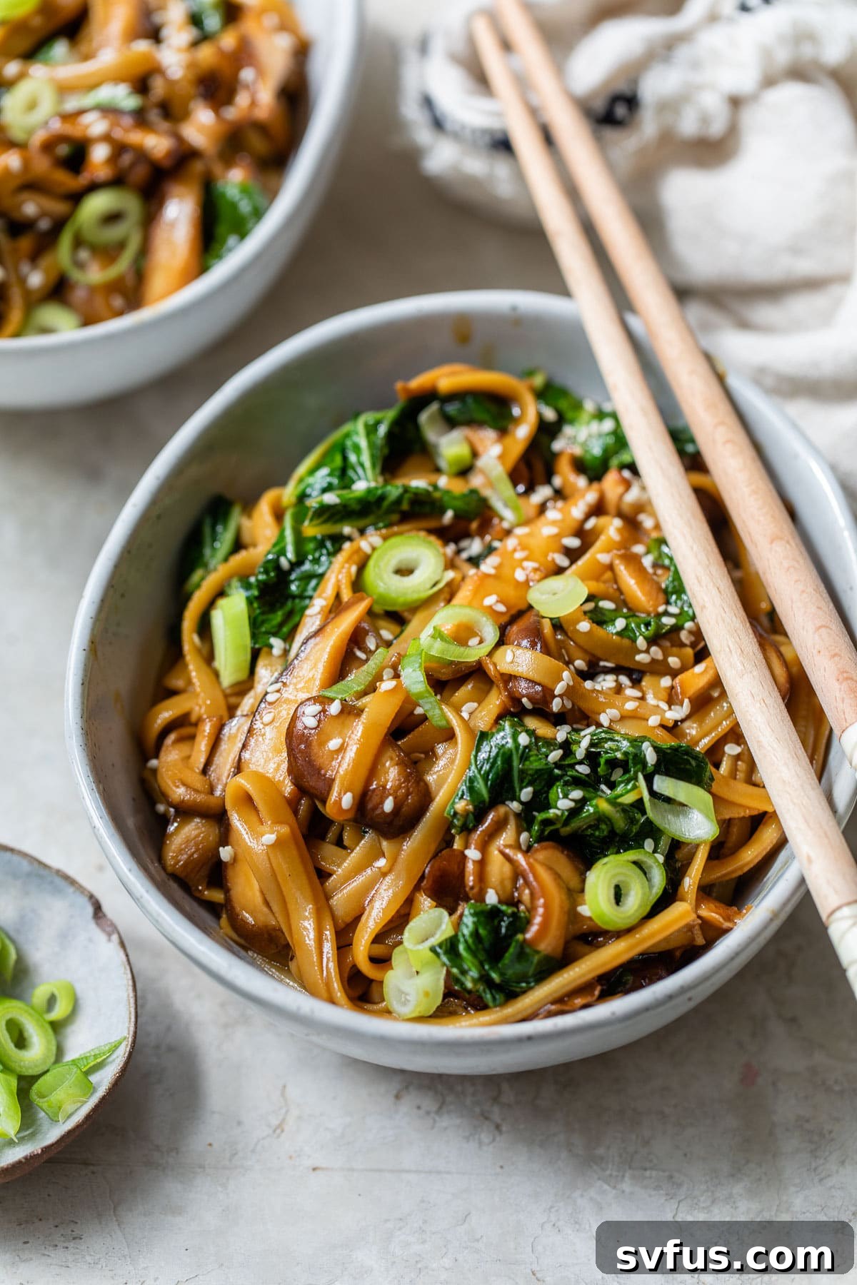 A close-up shot of a bowl filled with steaming teriyaki noodles, perfectly cooked mushrooms, and wilted bok choy, ready for chopsticks.