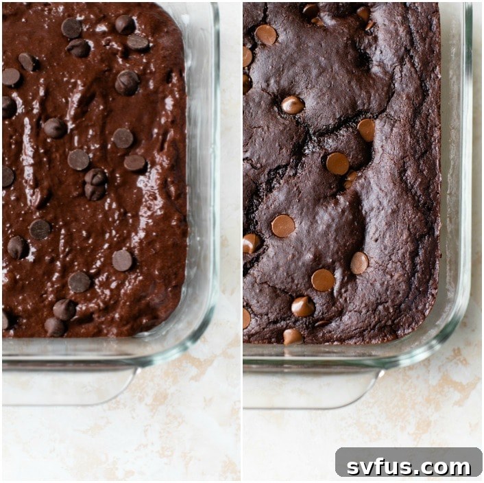 Step-by-step image showing black bean brownie batter being blended in a food processor.