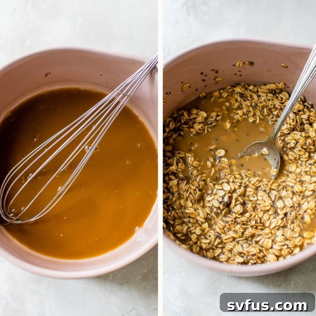 A bowl containing a mixture of rolled oats, coffee, and milk, just before being refrigerated.