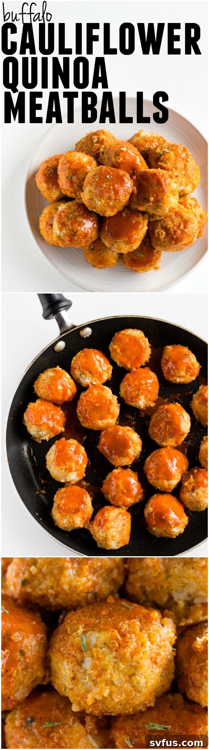 Final plated Buffalo Cauliflower Quinoa Meatballs with a side of sauce.