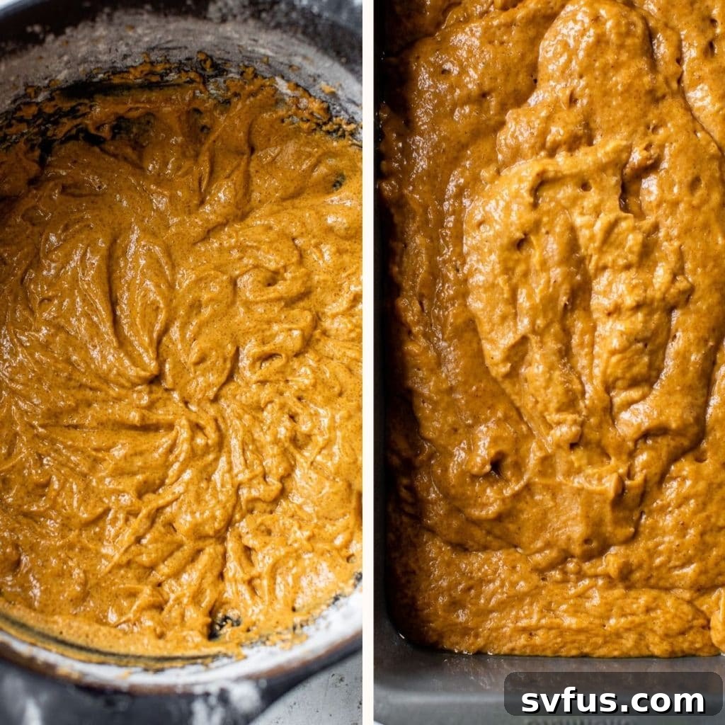 pumpkin bread batter in a bowl and in a bread pan