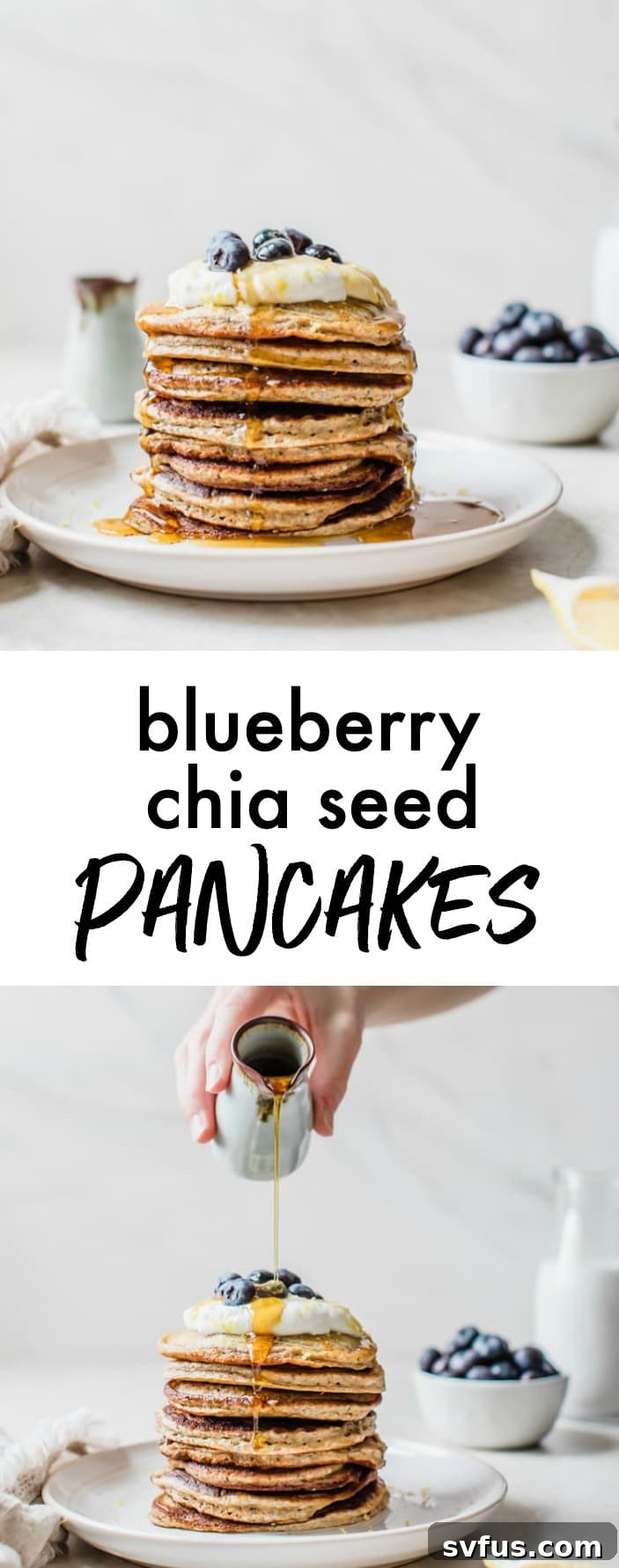 A tall stack of healthy blueberry chia seed pancakes, generously topped with creamy Greek yogurt, fresh blueberries, and a drizzle of maple syrup, photographed from an inviting angle to showcase their fluffy texture.