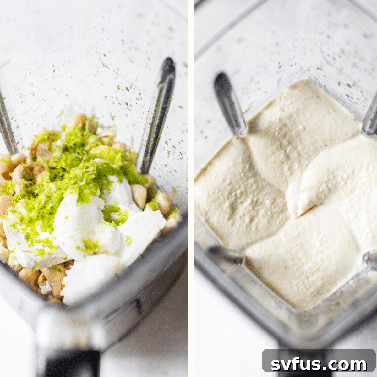 Smooth, creamy cashew filling being blended in a high-power blender, showing the perfect consistency for the key lime pie tarts.