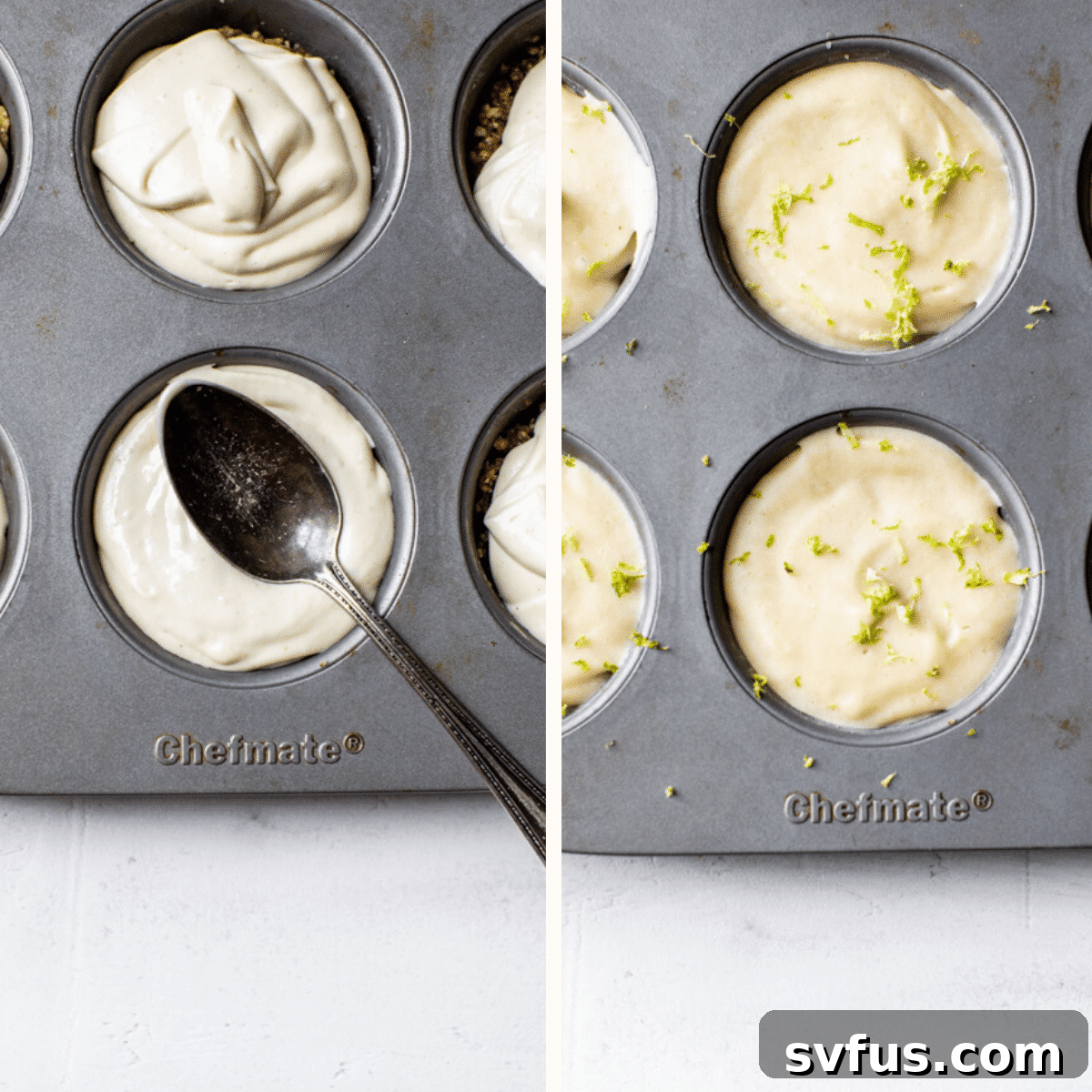 Frozen vegan key lime pie tarts neatly arranged in a muffin tin, showcasing their perfect shape and ready for individual removal.