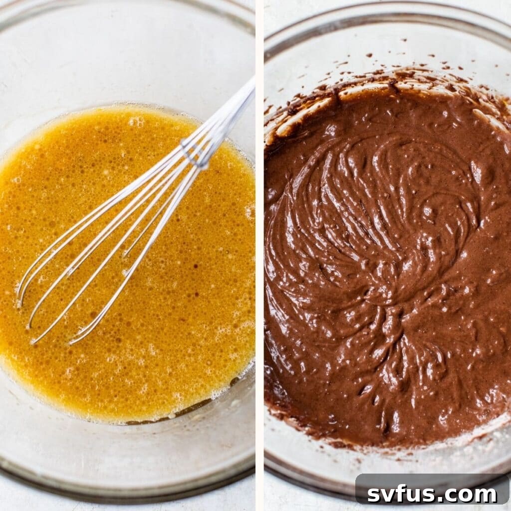 Two glass bowls, one with whisked eggs and other wet ingredients, and the other with rich chocolate cake batter, ready for mixing.