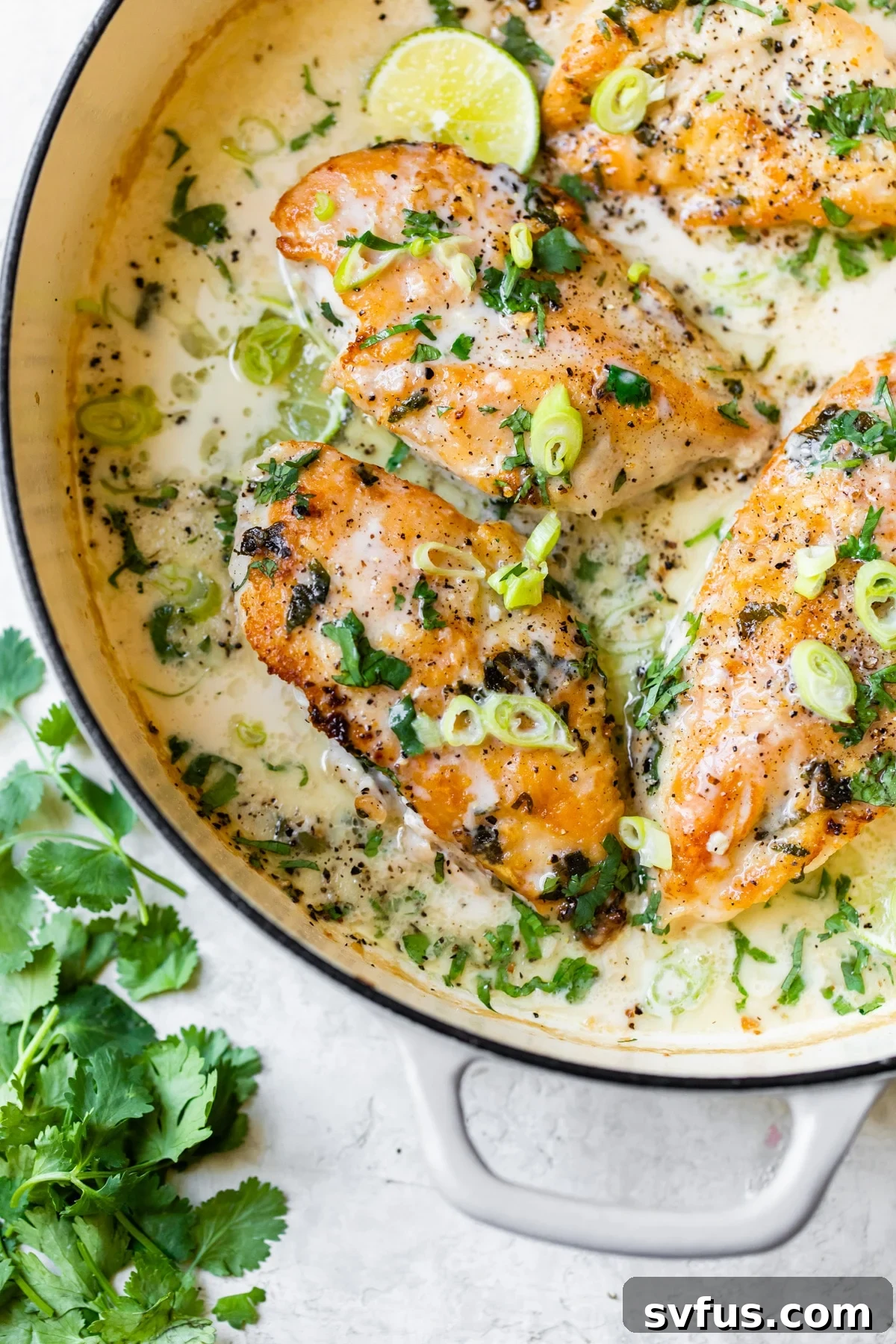 chicken in a skillet with sauce and lime wedges, garnished with fresh herbs