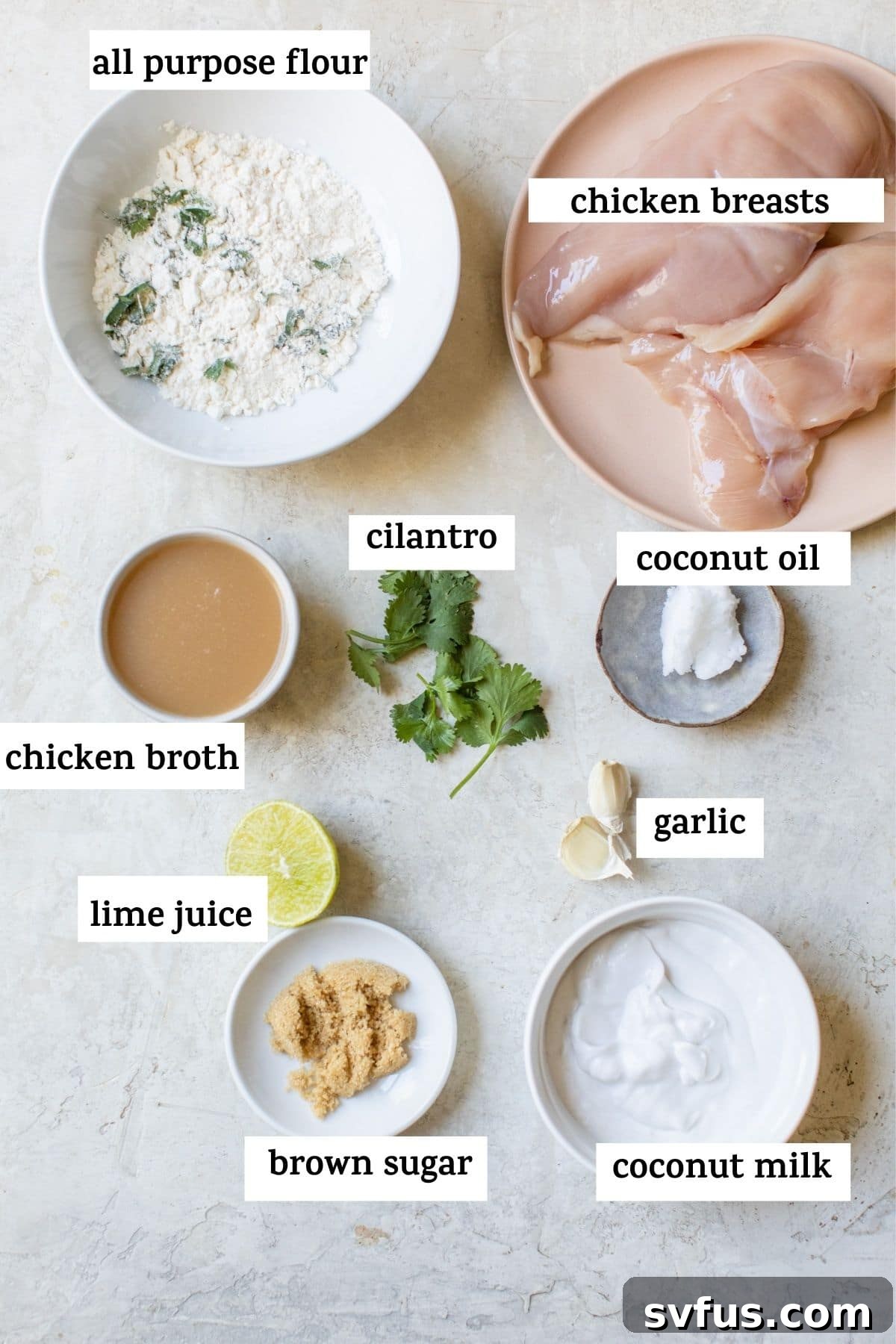 ingredients on a table with text overlay, including chicken, coconut milk, lime, and cilantro