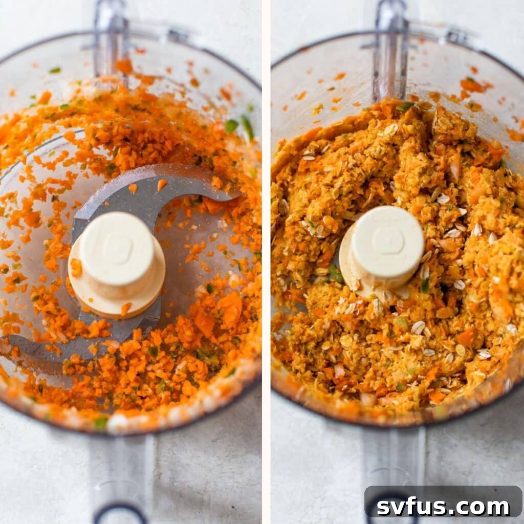 On the left, roughly chopped carrots are in a food processor, ready to be pulsed. On the right, the pulsed vegetables are combined with chickpeas, buffalo sauce, and oats, showing a textured mixture.