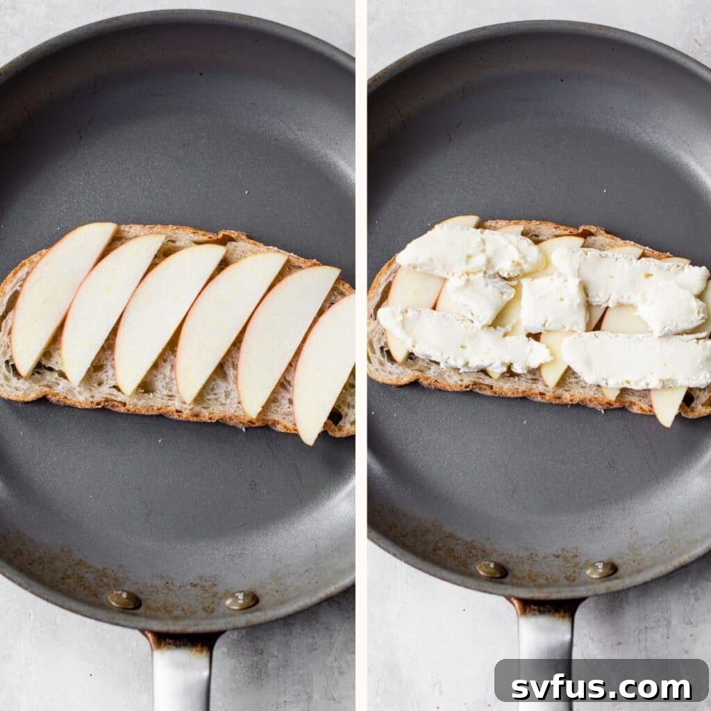 Two images side by side: on the left, a slice of bread topped with thin apple slices; on the right, the same bread with brie cheese added on top.
