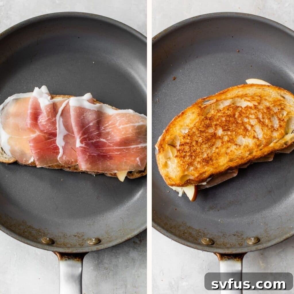 Two images side by side: on the left, bread with prosciutto layered on top; on the right, a complete grilled cheese sandwich cooking in a skillet.