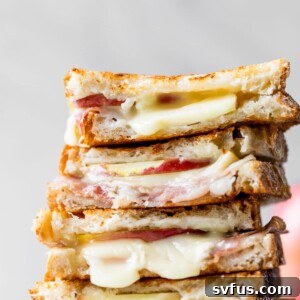 A delicious Brie Grilled Cheese Sandwich, golden brown with melted cheese peeking out