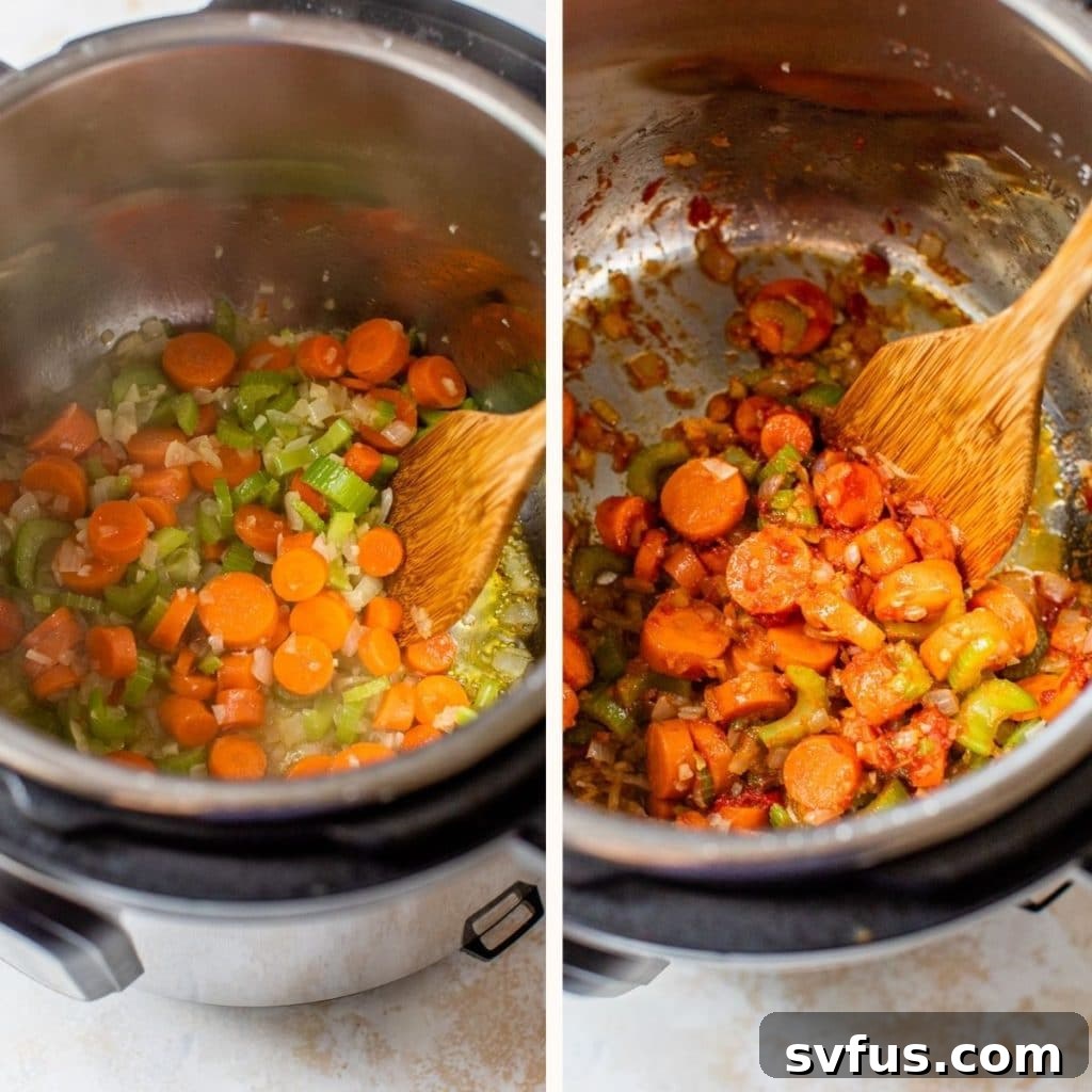 A close-up shot of sautéed carrots, celery, and onion cooking in an Instant Pot, turning tender and fragrant.