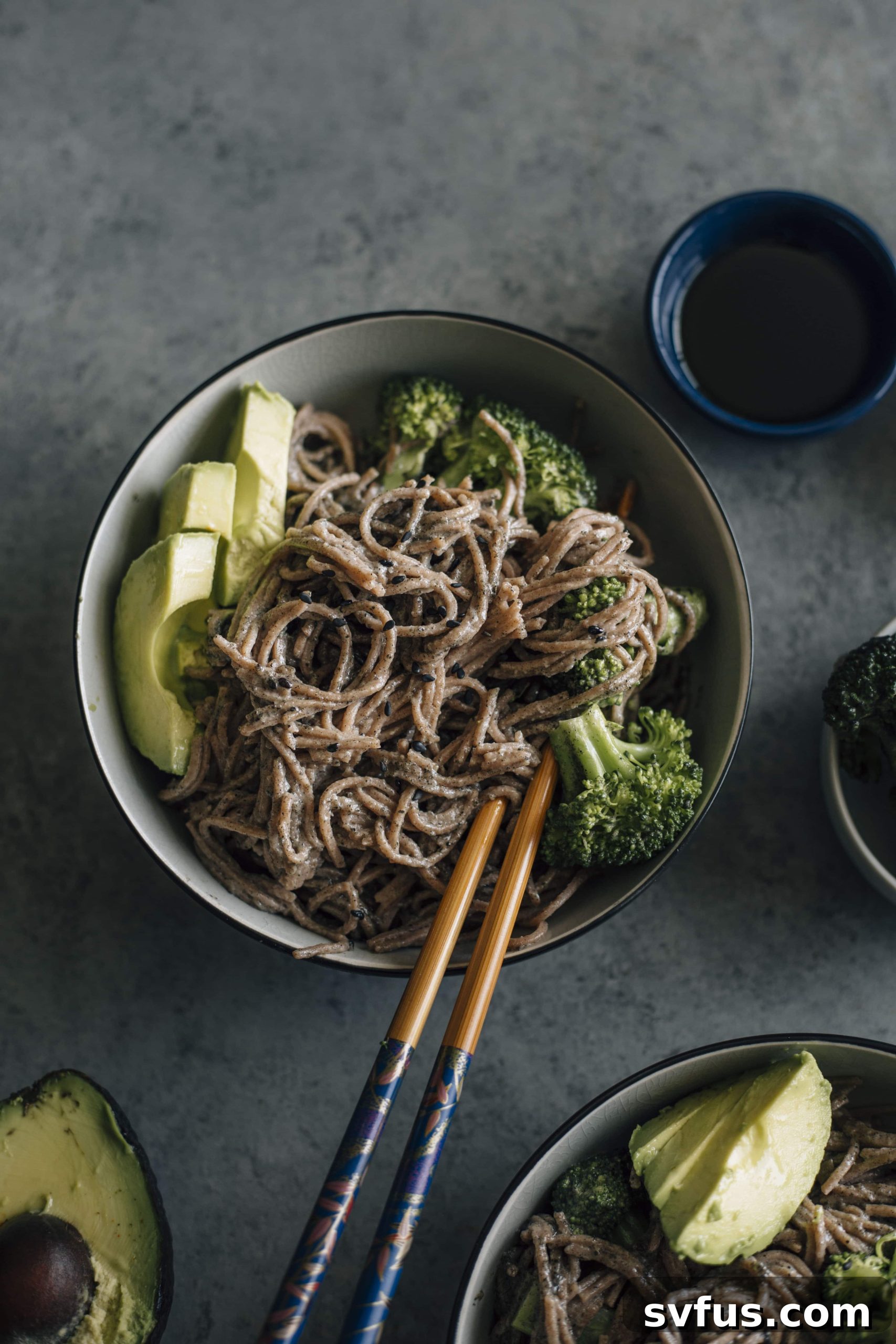 Creamy Black Sesame Soba Noodles with Tahini and Broccoli