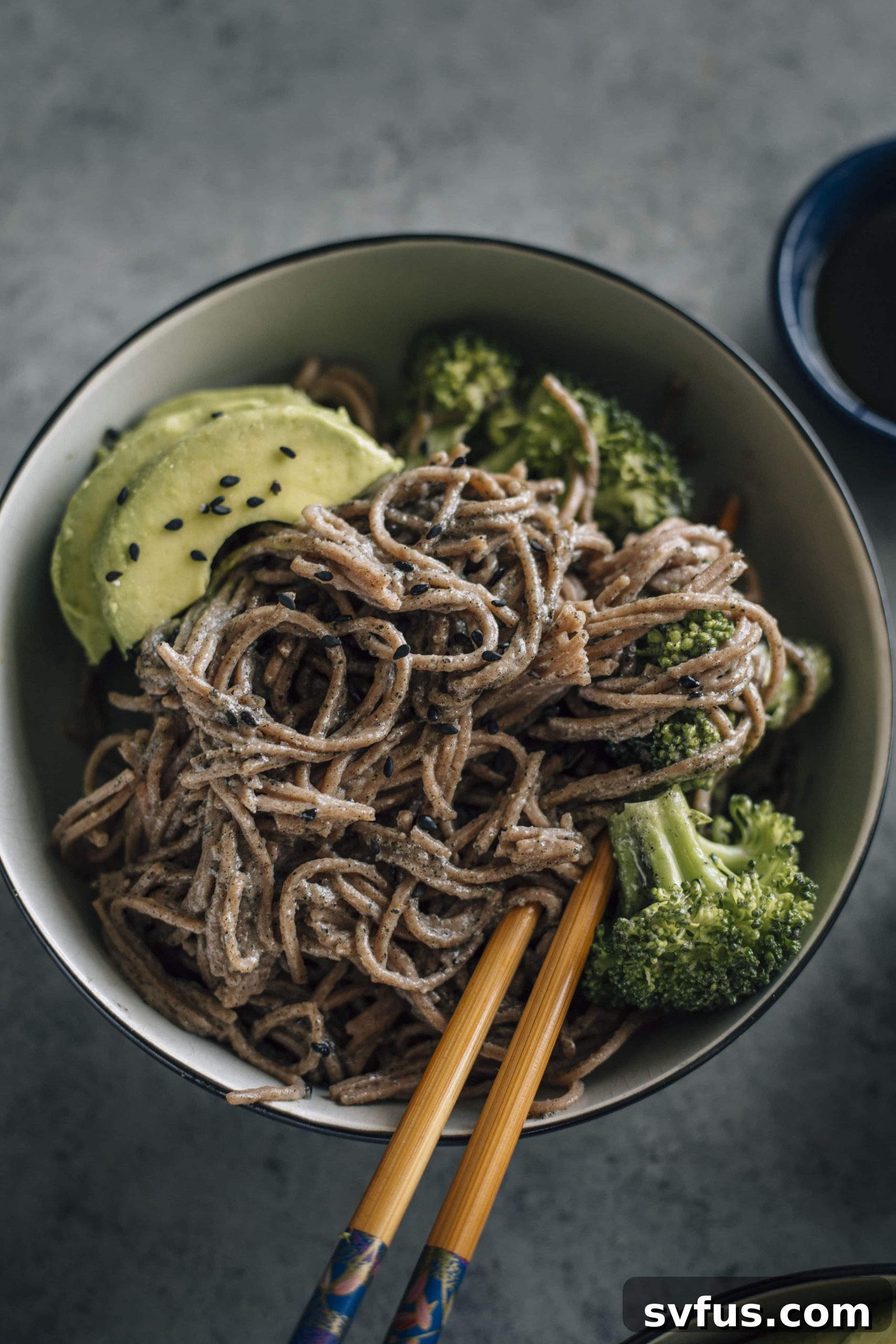 Black Sesame Soba Noodles with Sweet Tahini Sauce and Avocado