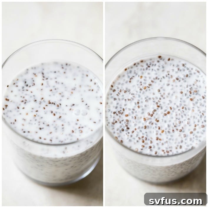 Two glasses filled with white coconut chia pudding mixture, ready to be refrigerated and set.