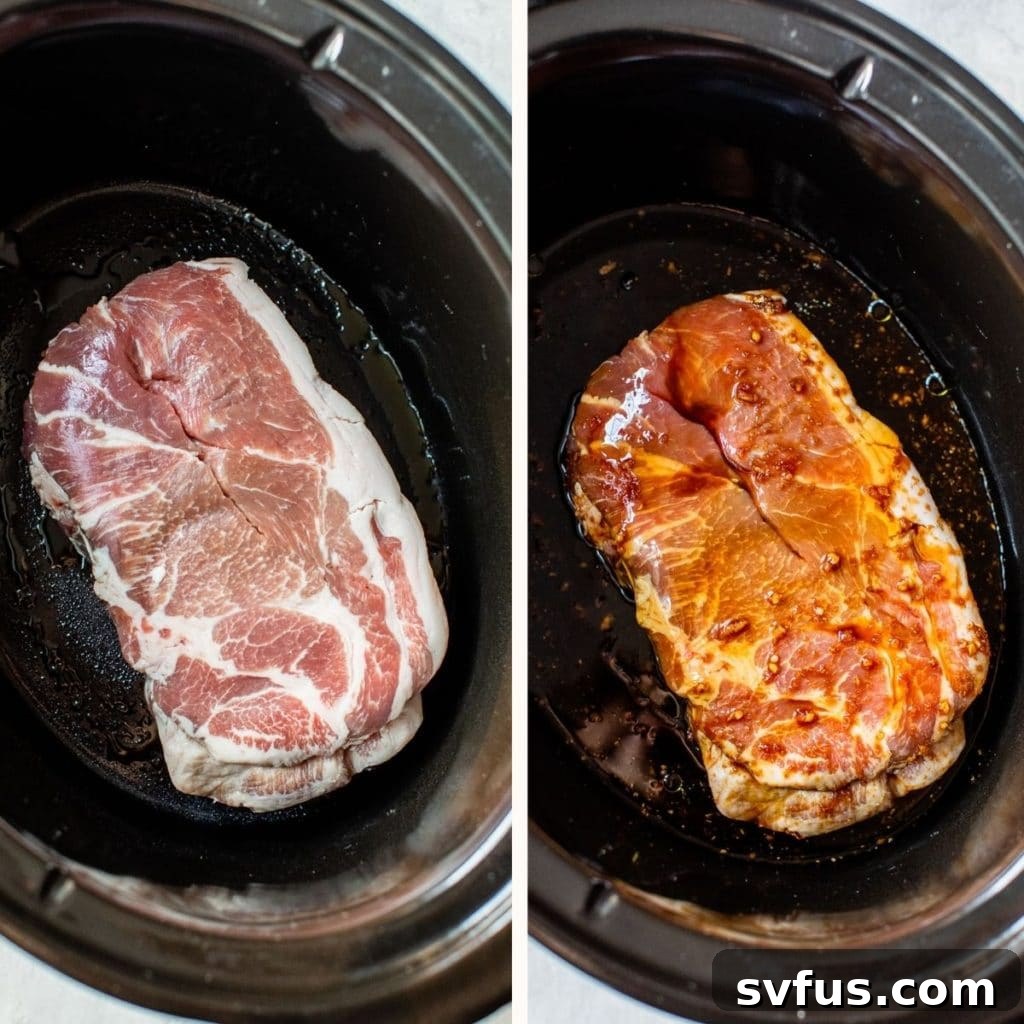 raw pork shoulder in a slow cooker