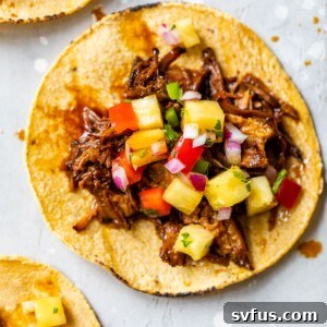 corn taco shell topped with shredded pork and pineapple salsa