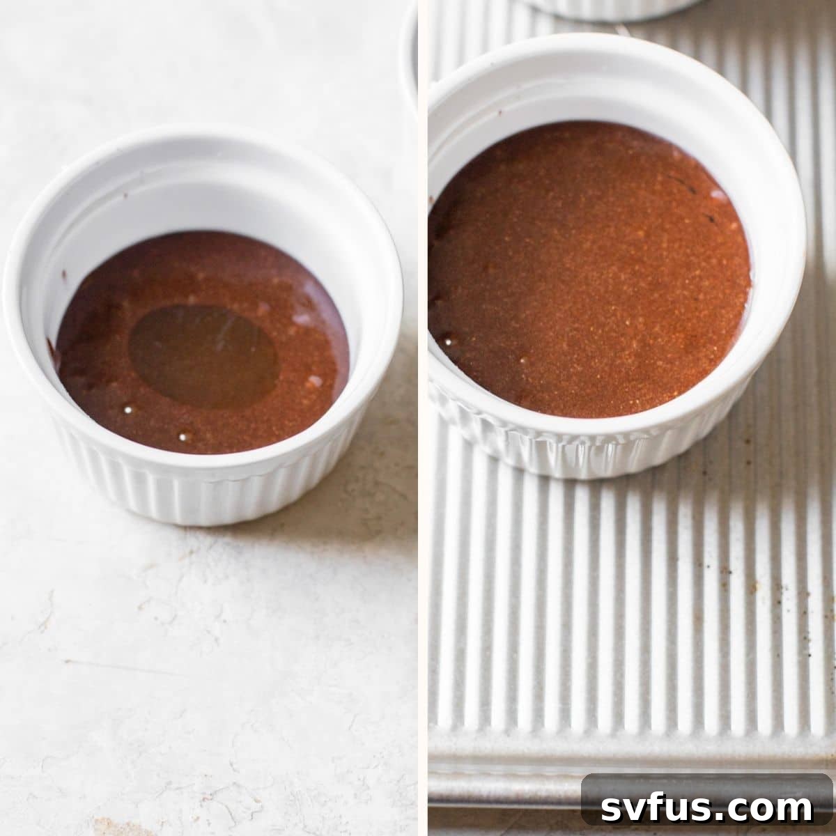 Raw chocolate caramel lava cake batter in a greased ramekin with a visible caramel core, ready for baking in the oven.