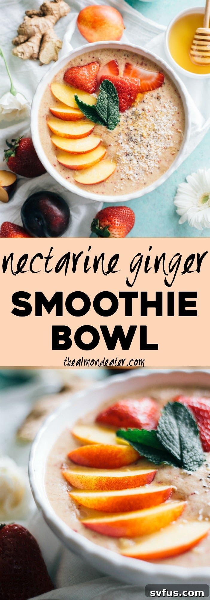 A beautifully arranged Nectarine Ginger Smoothie Bowl, a perfect vegan breakfast idea from thealmondeater.com