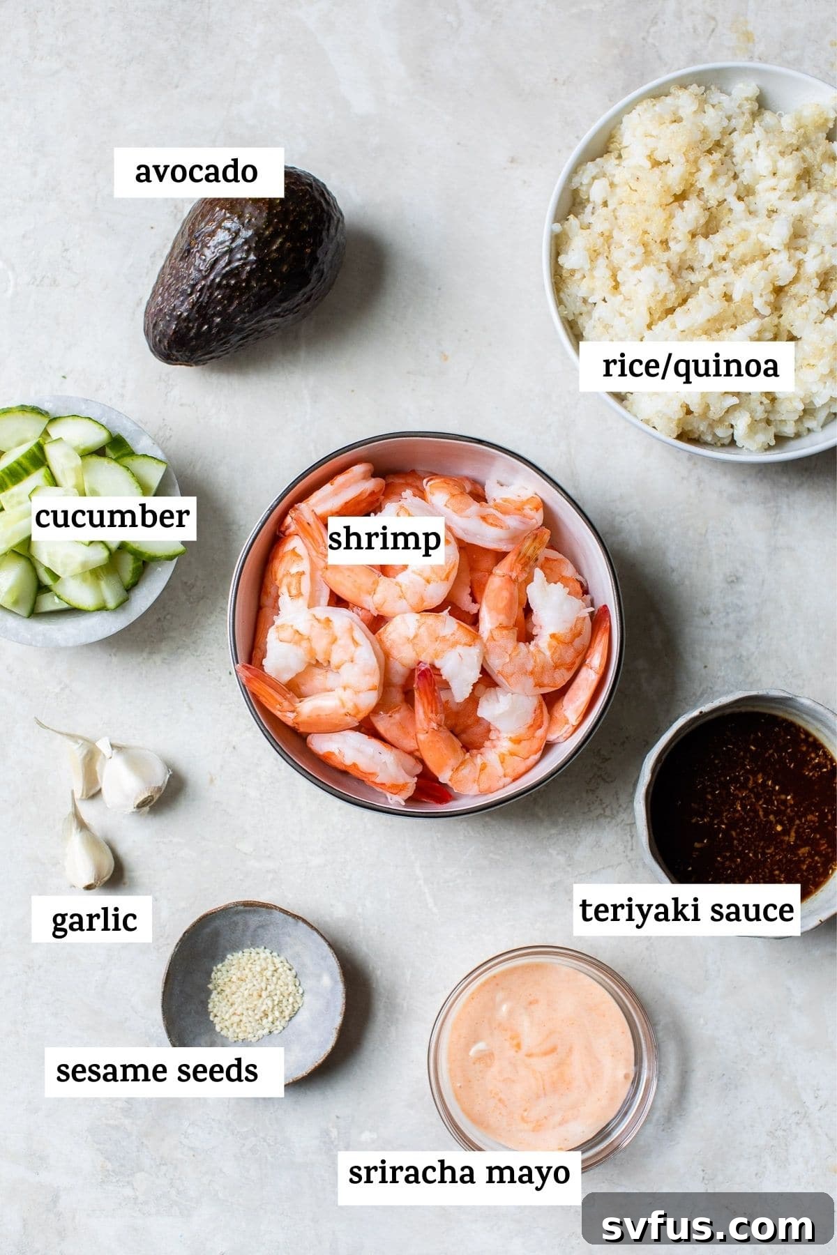 Various ingredients for a Teriyaki Shrimp Sushi Bowl laid out on a surface with text overlay, including shrimp, cucumber, avocado, rice, and sauces.