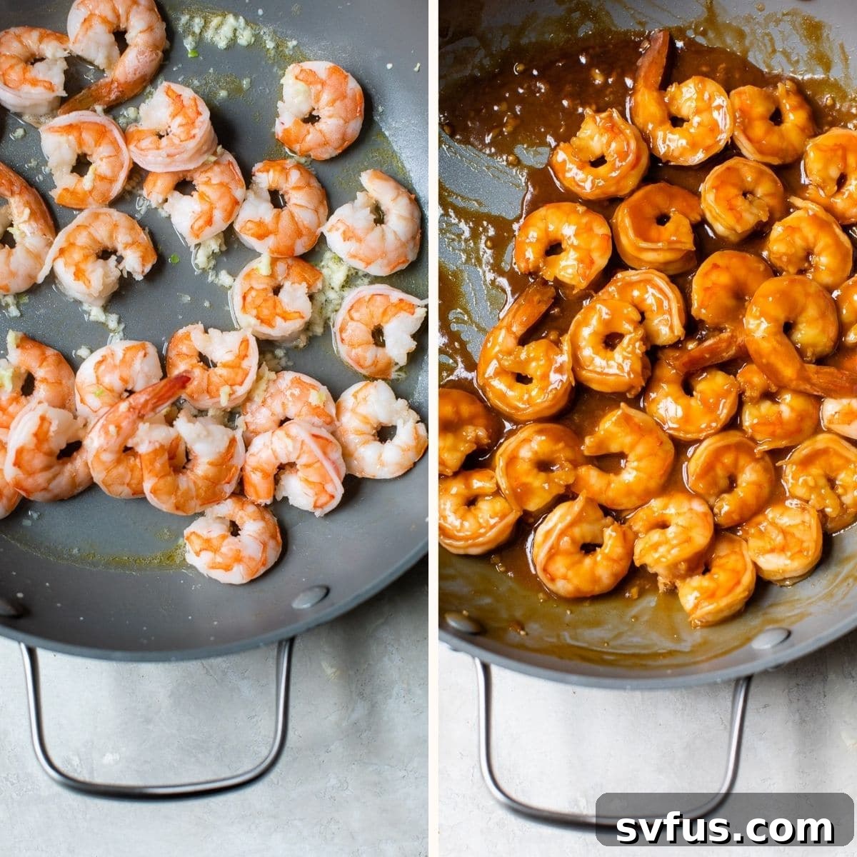 Shrimp cooking in a skillet, coated in teriyaki sauce, ready to be added to the sushi bowl.