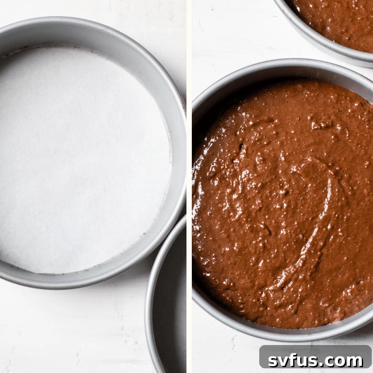 Chocolate cake batter poured into a round cake pan, ready for baking.