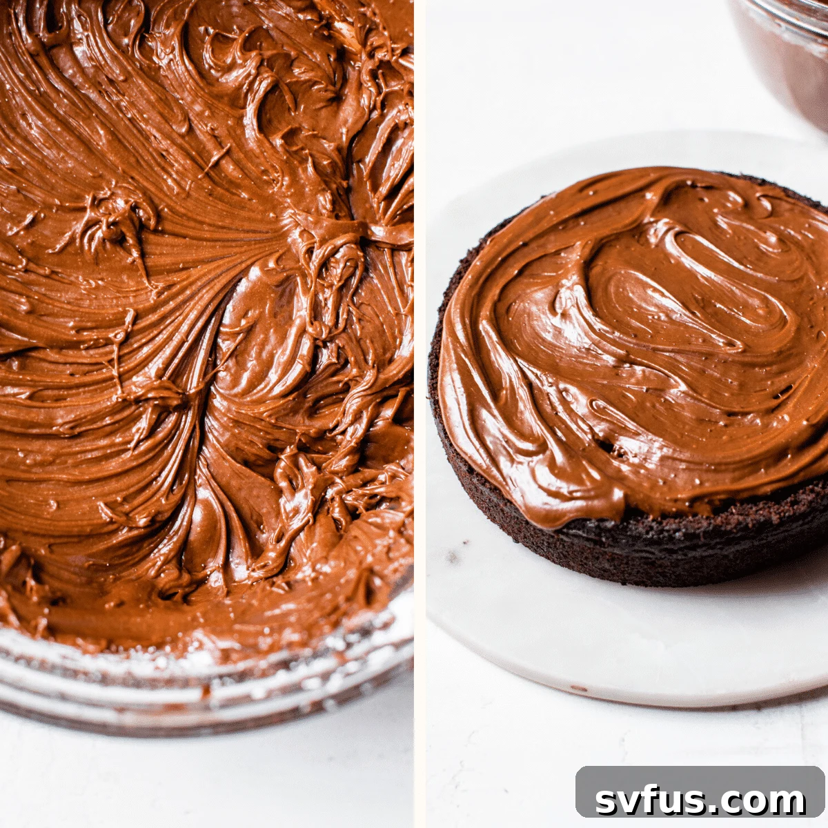 A fully iced chocolate vegan birthday cake on a serving stand, ready to be decorated or served.