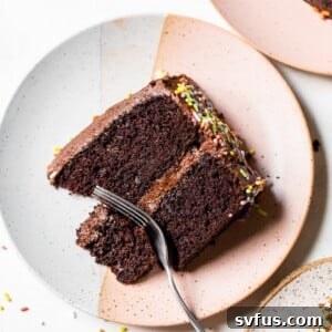 A piece of chocolate vegan birthday cake on a plate